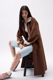 Collar Detailed Oversized Dark Brown Trench Coat