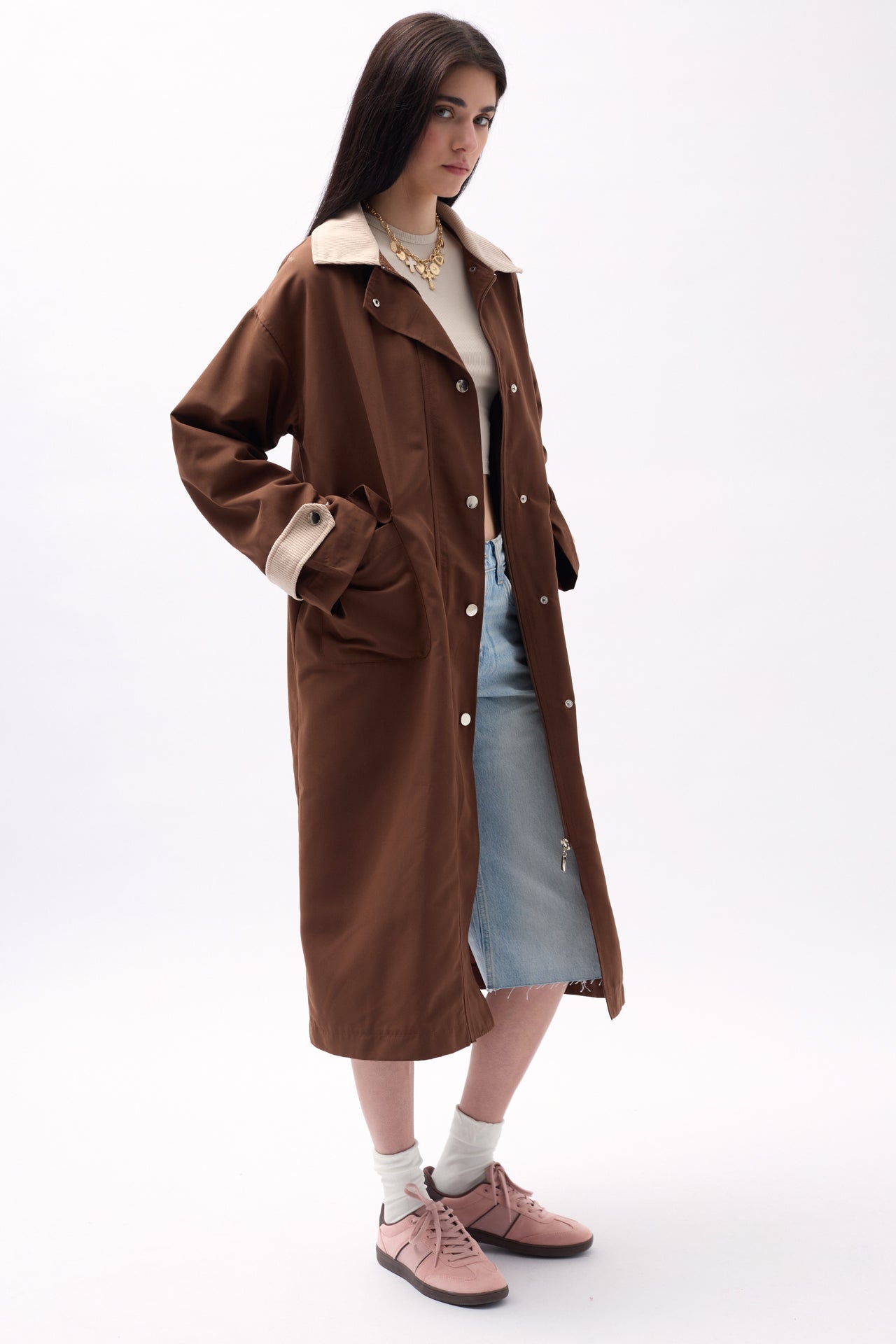 Collar Detail Oversize Dark Brown Trench Coat
