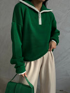 Collar Zipper Detail Green Oversize Sweater