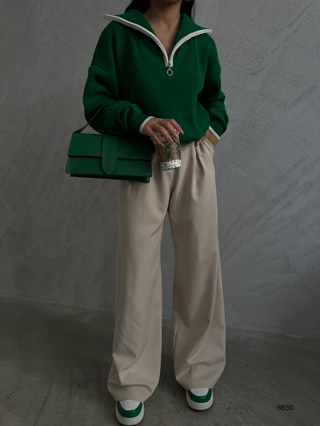Collar Zipper Detail Green Oversize Sweater