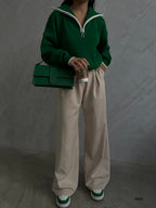 Collar Zipper Detail Green Oversize Sweater