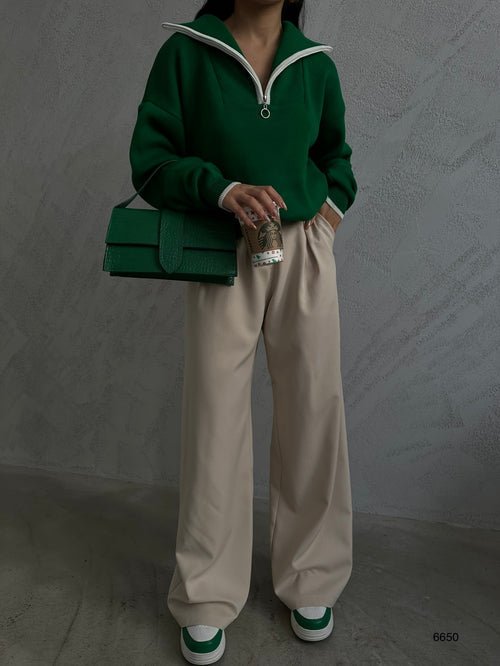 Collar Zipper Detail Green Oversize Sweater