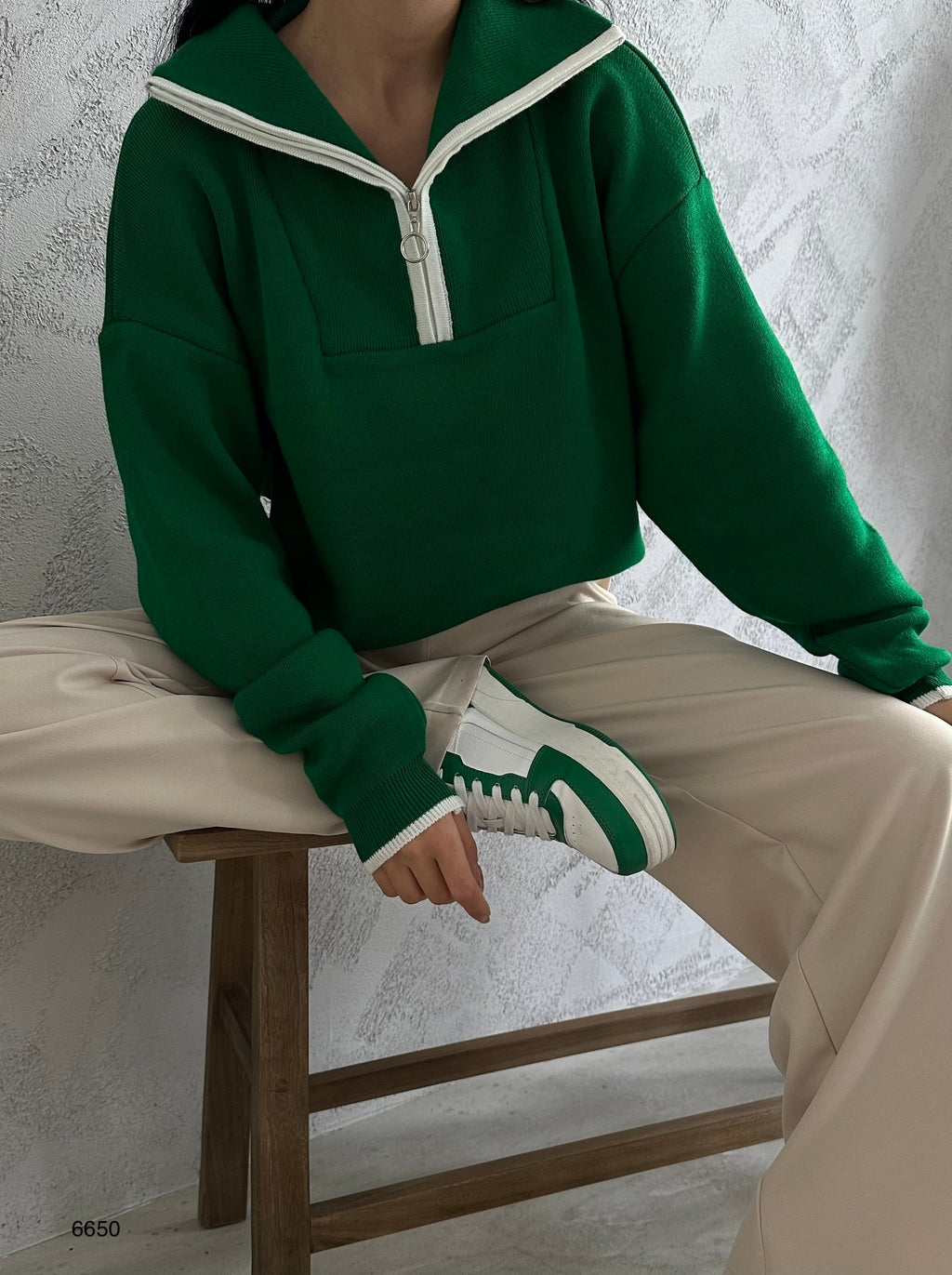 Collar Zipper Detail Green Oversize Sweater