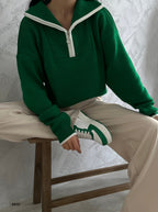 Collar Zipper Detail Green Oversize Sweater