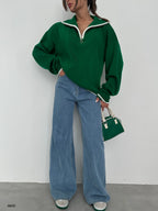 Collar Zipper Detail Green Oversize Sweater