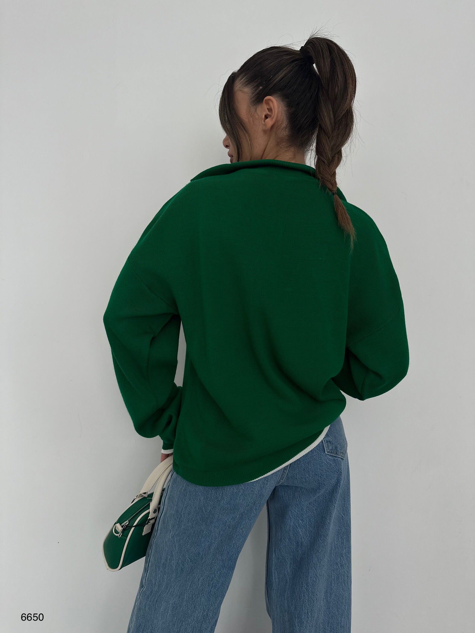 Collar Zipper Detail Green Oversize Sweater