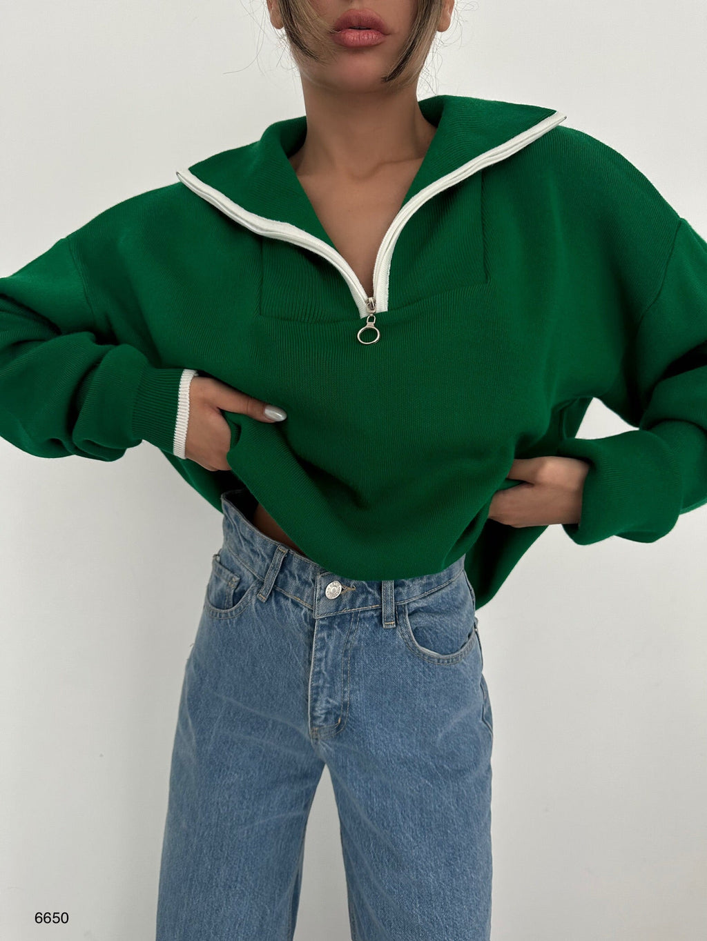 Collar Zipper Detail Green Oversize Sweater
