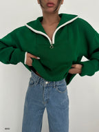 Collar Zipper Detail Green Oversize Sweater
