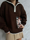 Collar Zipper Detail Brown Oversize Sweater
