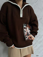 Collar Zipper Detail Brown Oversize Sweater
