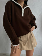 Collar Zipper Detail Brown Oversize Sweater