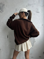 Collar Zipper Detail Brown Oversize Sweater