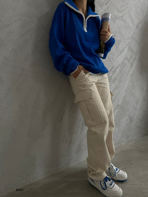 Collar Zipper Detail Saks Oversize Sweater