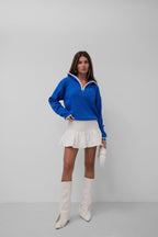 Collar Zipper Detail Sax Blue Oversize Sweater