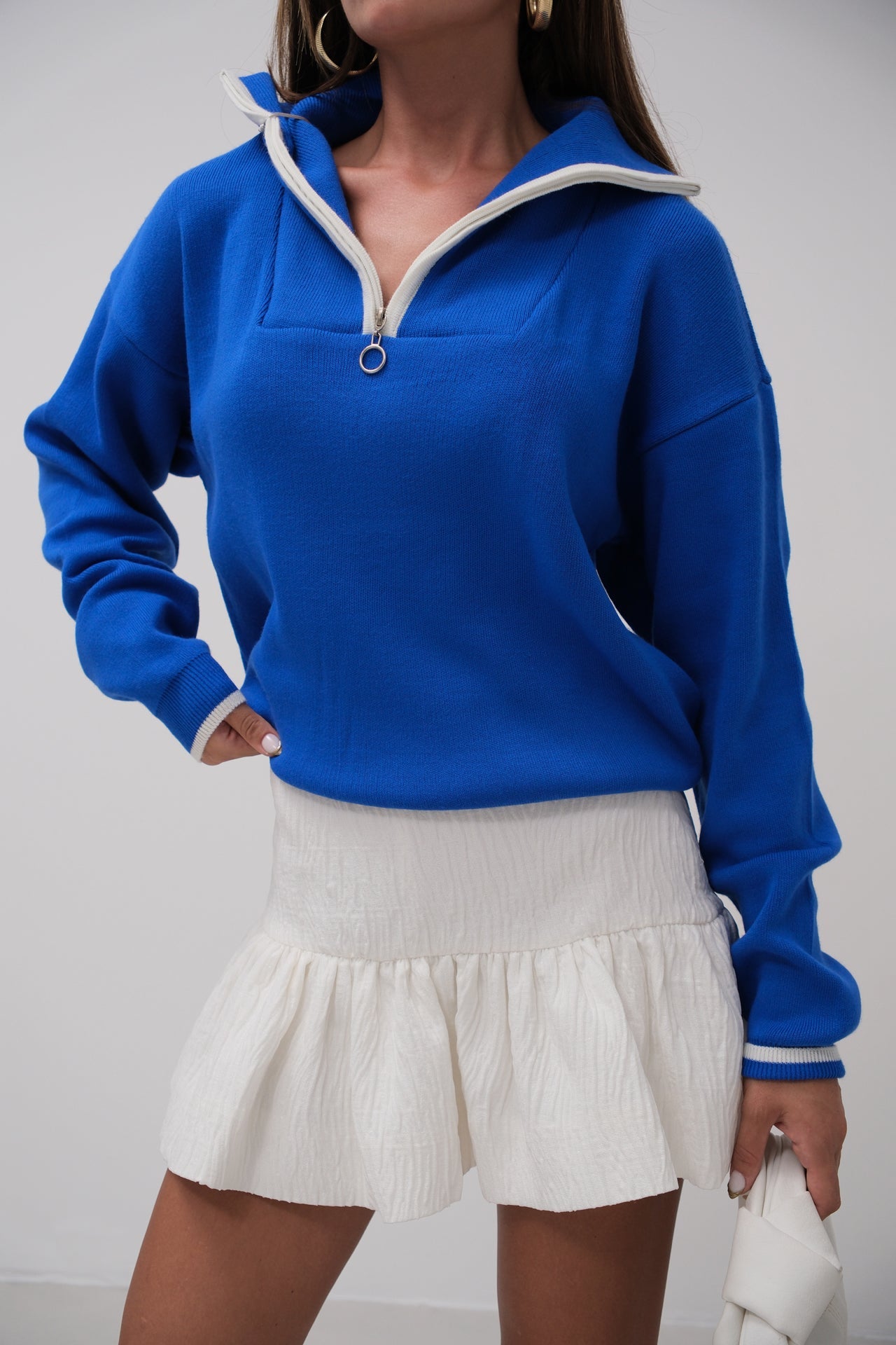 Collar Zipper Detail Sax Blue Oversize Sweater