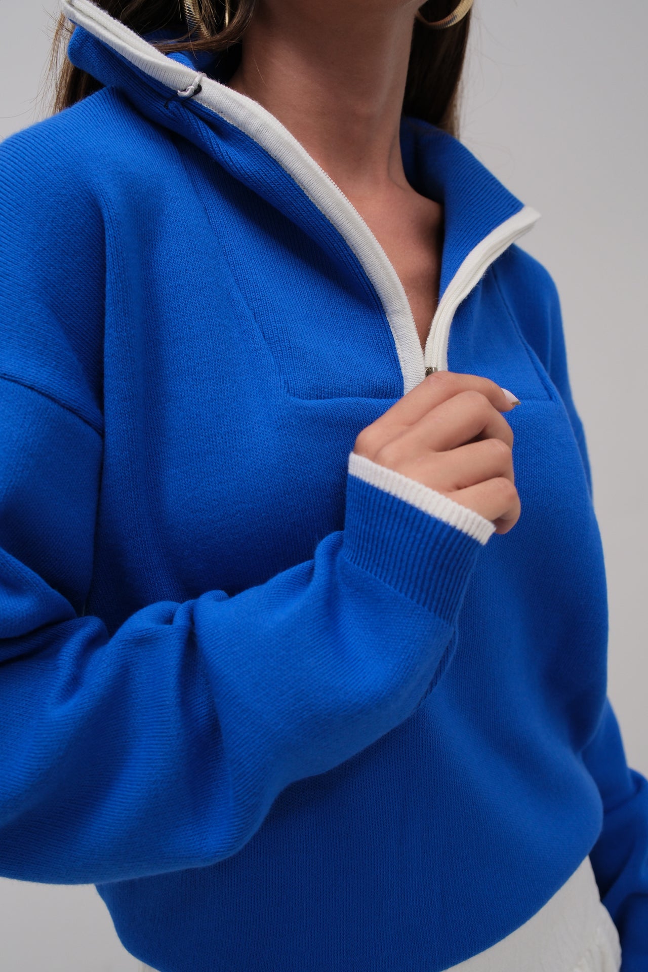 Collar Zipper Detail Sax Blue Oversize Sweater