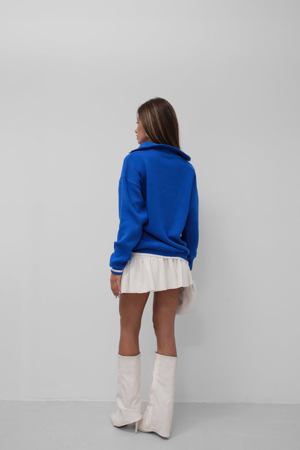 Collar Zipper Detail Sax Blue Oversize Sweater