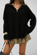 Collar Zipper Detail Black Sweater