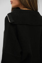 Collar Zipper Detail Black Sweater