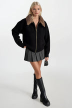 Fur Collar Detail Zippered Black Knit Sweater