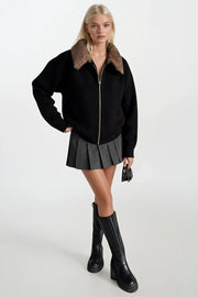 Black Knitted Sweater with Zip and Faux Fur Collar