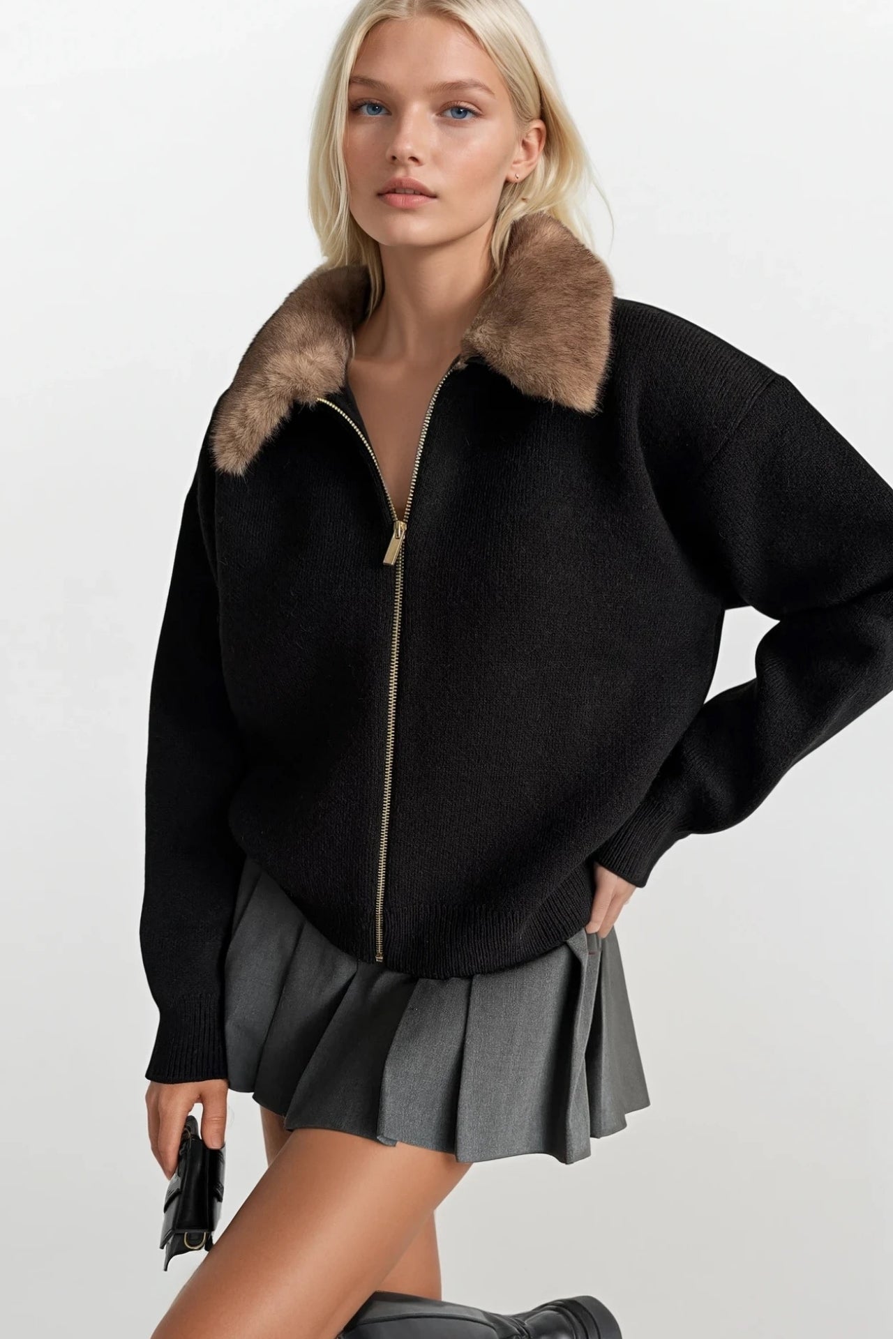 Fur Collar Detail Zippered Black Knit Sweater