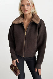 Brown Knitted Sweater with Collar Fur Detail and Zipper