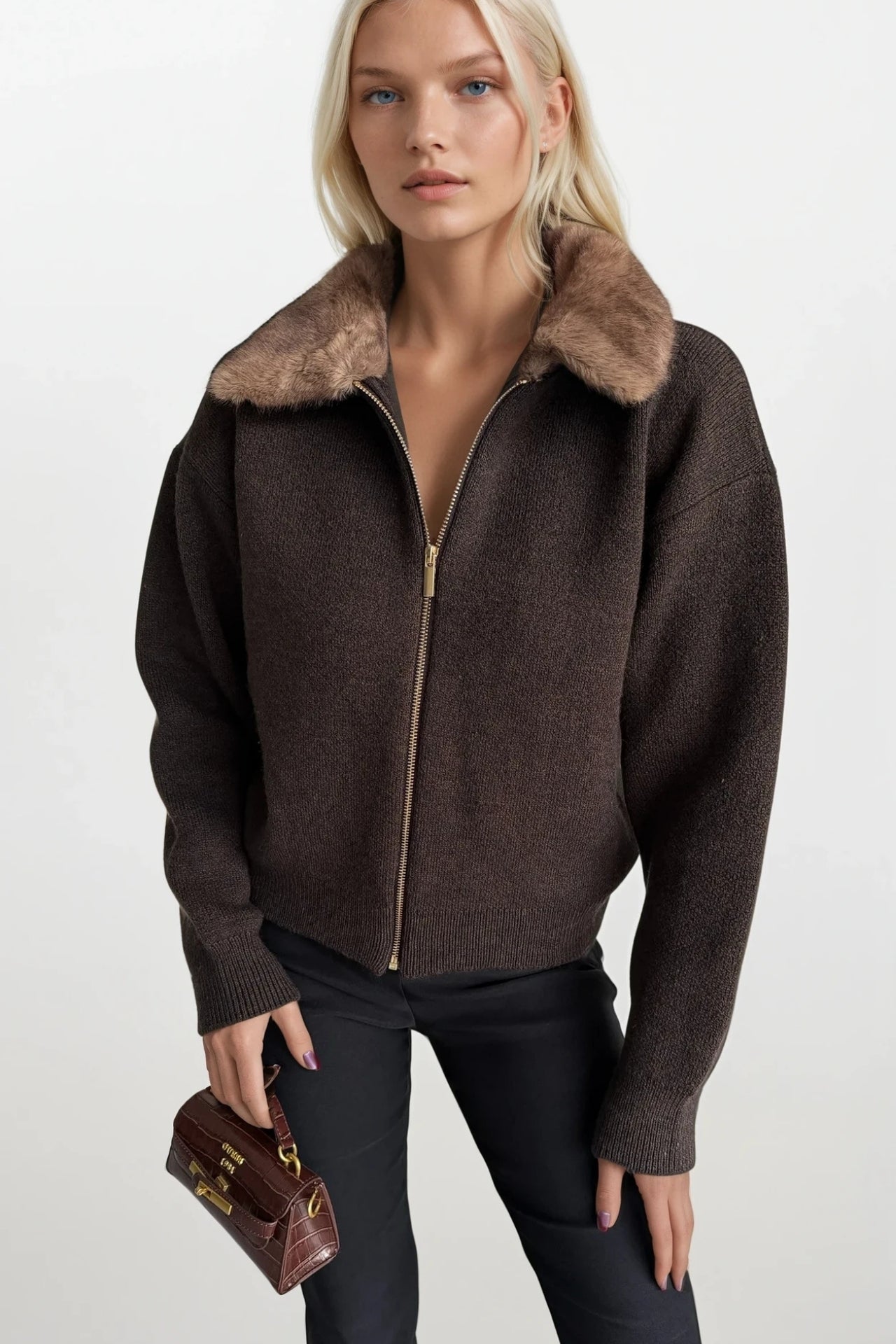 Fur Collar Detail Zippered Brown Knit Sweater