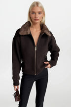 Fur Collar Detail Zippered Brown Knit Sweater