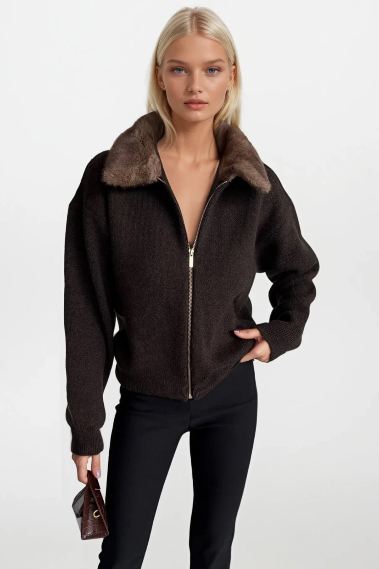 Fur Collar Detail Zippered Brown Knit Sweater