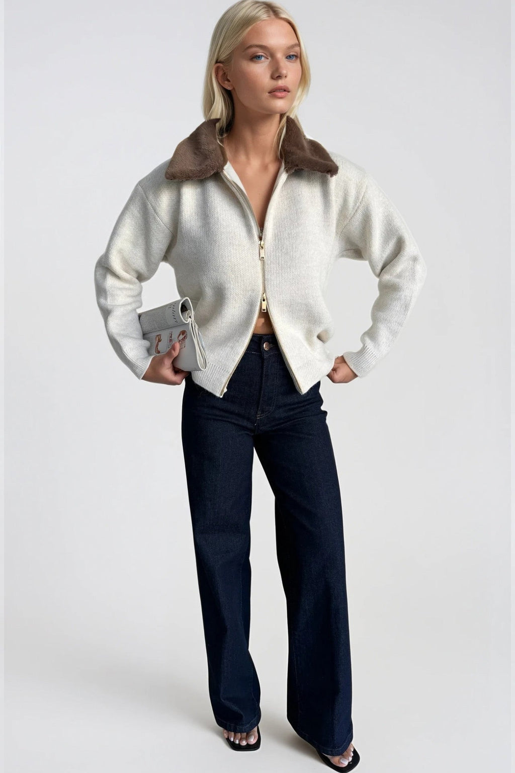 Collar Fur Detail Zippered Ecru Knit Sweater