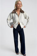 Collar Fur Detail Zippered Ecru Knit Sweater