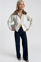 Collar Fur Detail Zippered Ecru Knit Sweater