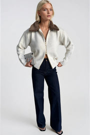 Ecru Knitted Sweater with Faux Fur Collar Detail and Zipper