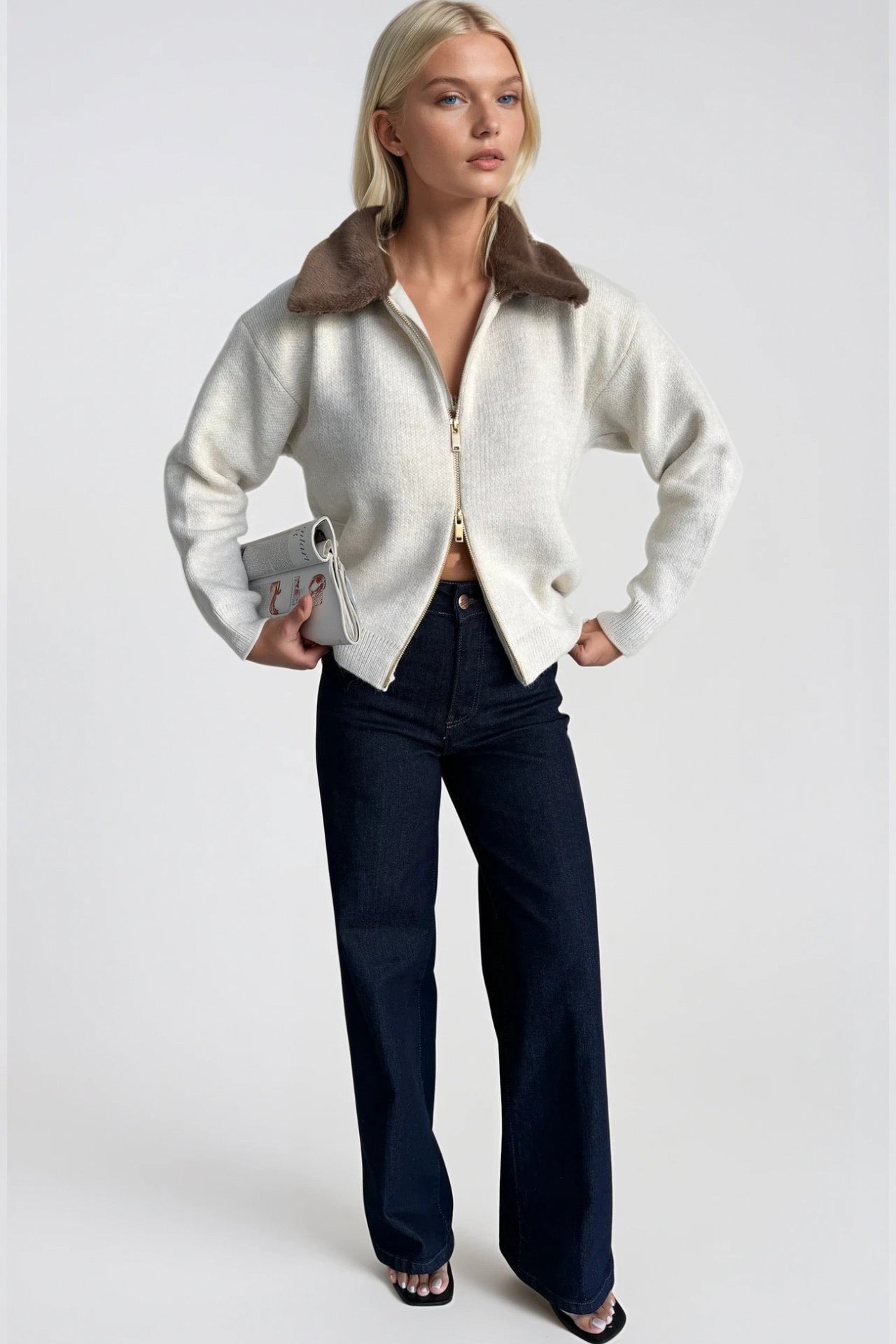 Collar Fur Detail Zippered Ecru Knit Sweater