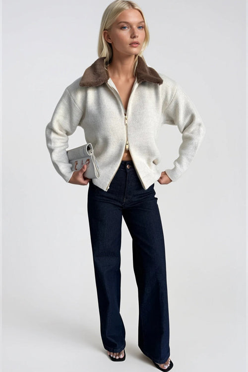 Collar Fur Detail Zippered Ecru Knit Sweater