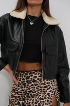 Plush Collar Crop Black Jacket