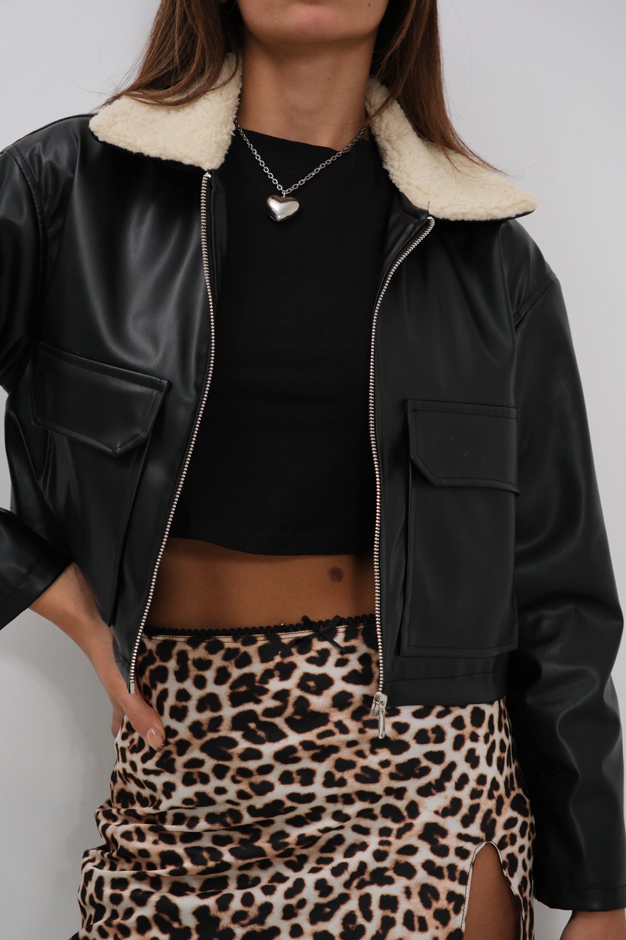 Plush Collar Crop Black Jacket