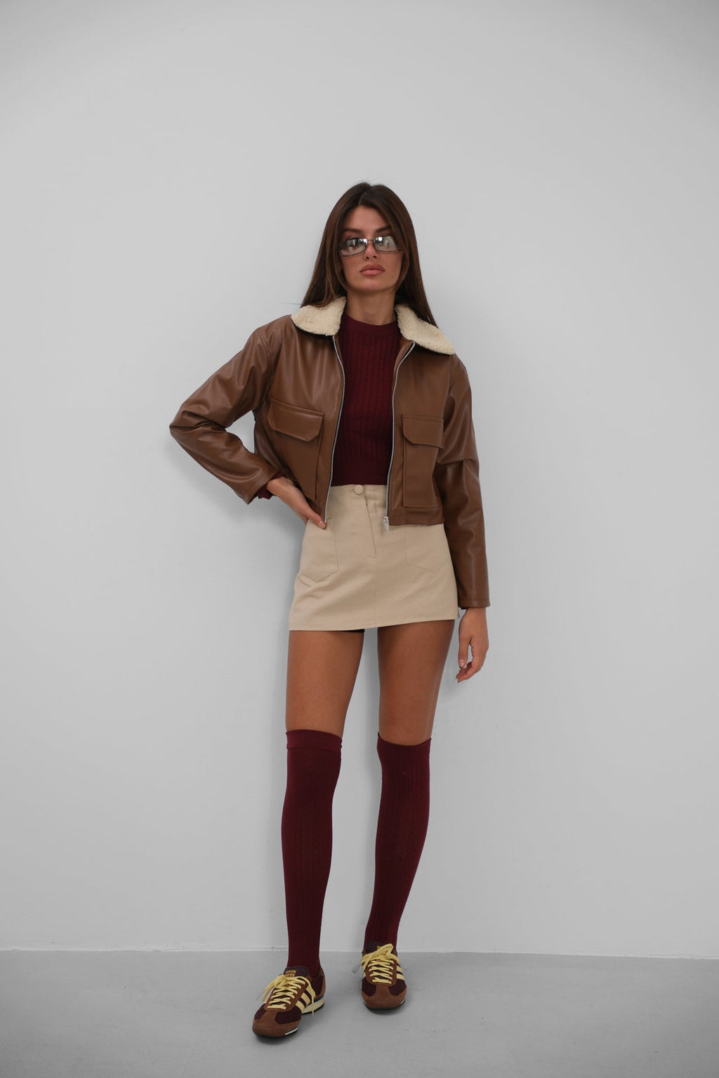 Plush Collar Crop Brown Jacket
