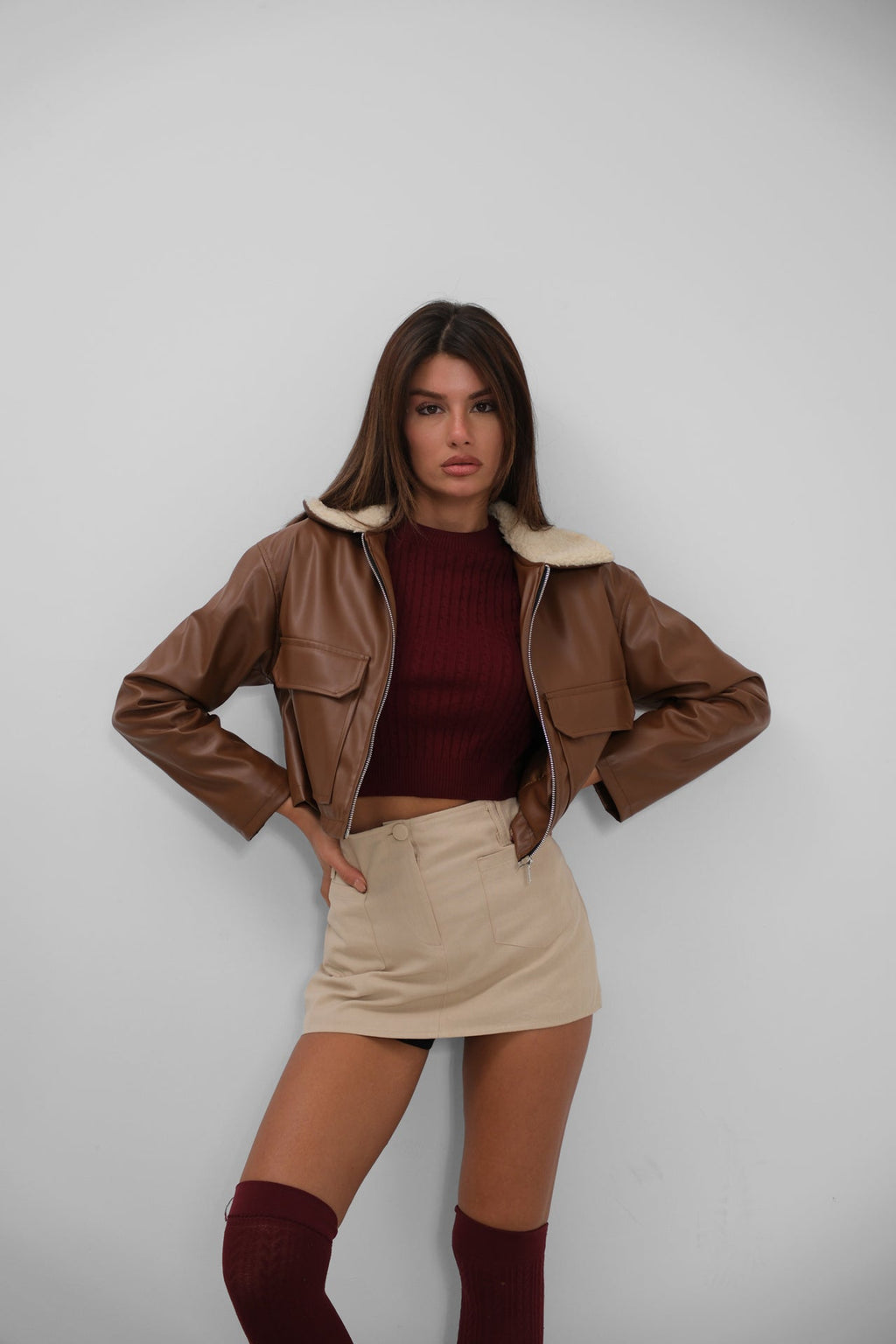 Plush Collar Crop Brown Jacket