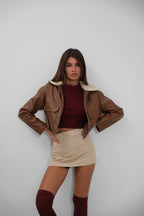 Plush Collar Crop Brown Jacket