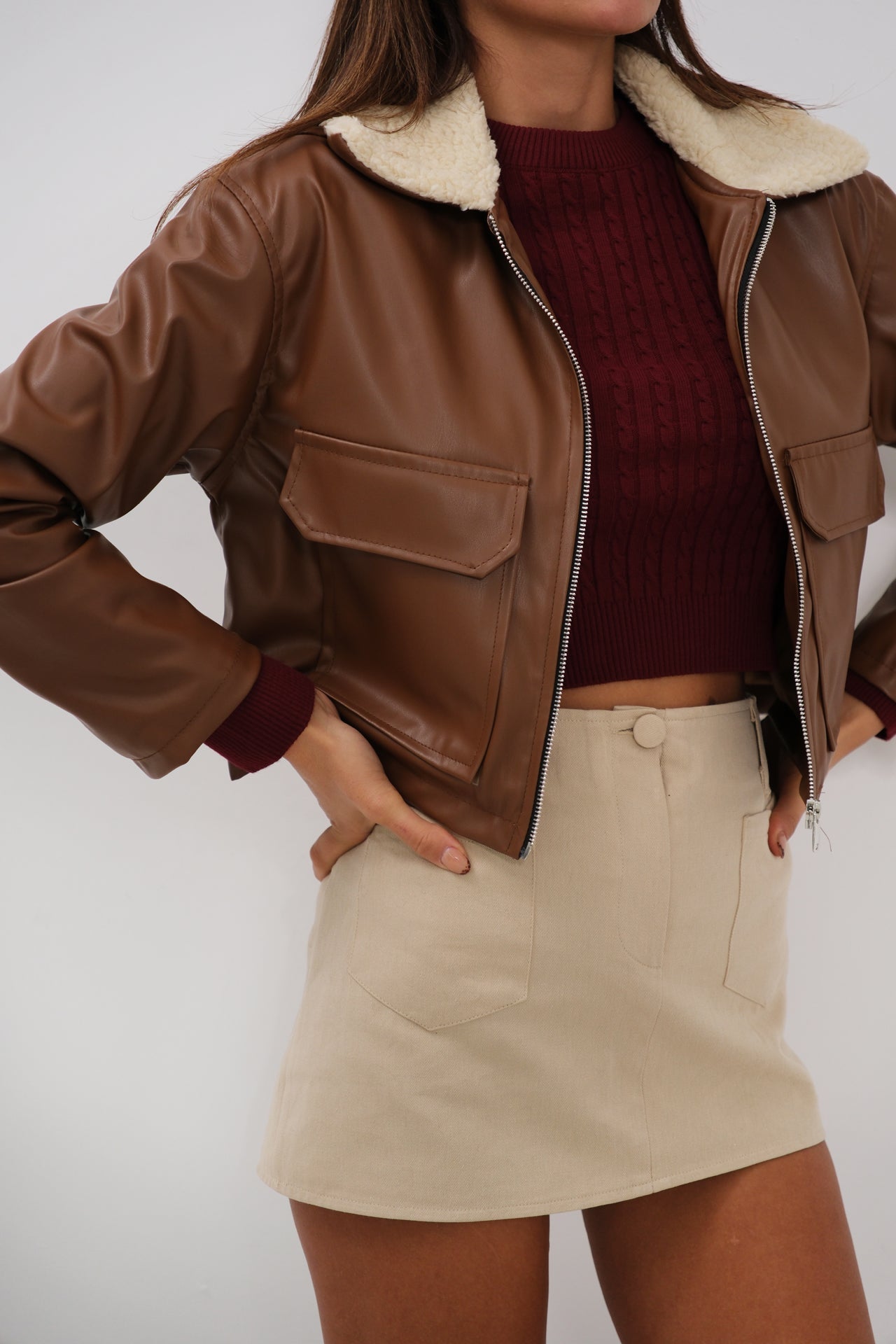 Plush Collar Crop Brown Jacket