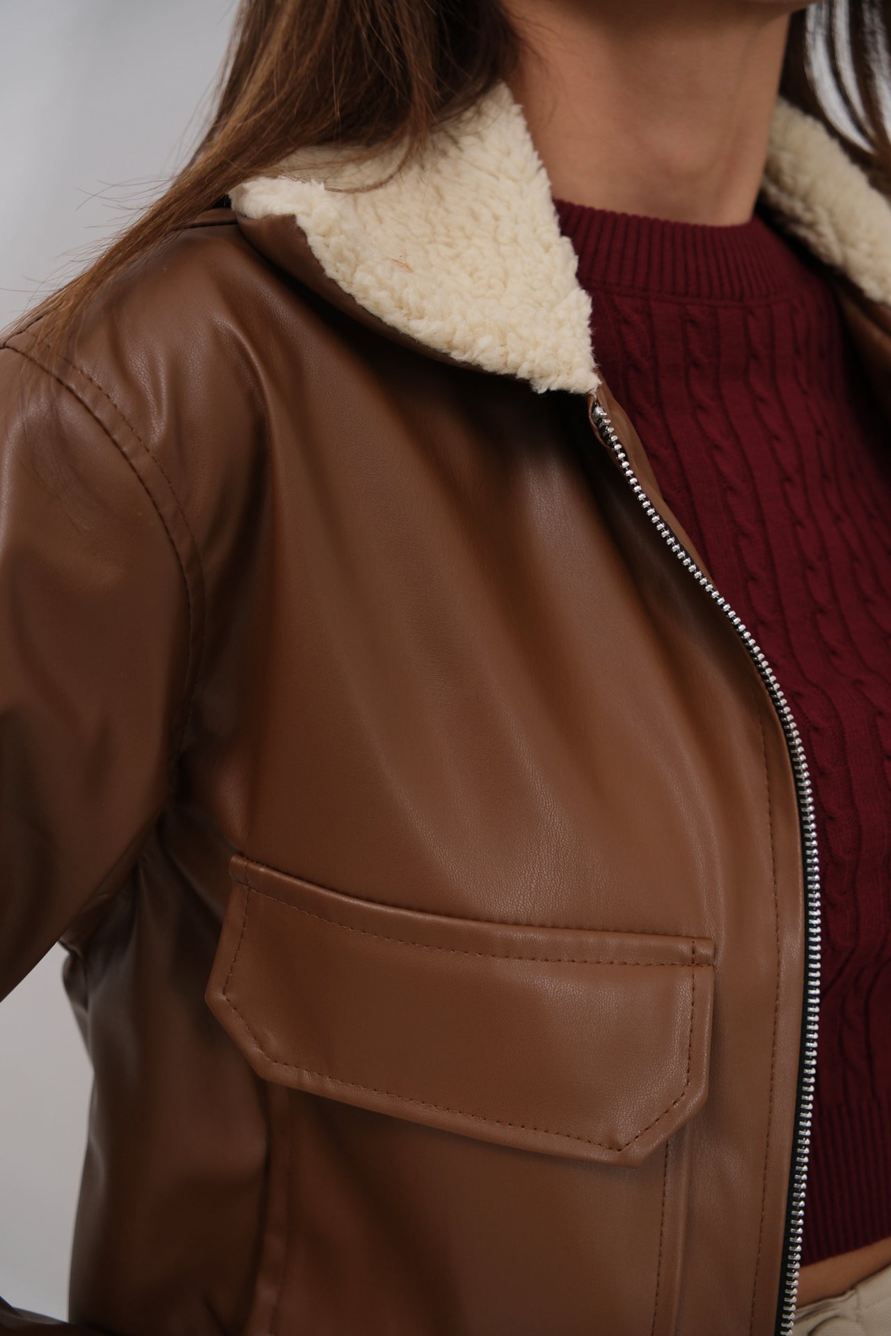 Plush Collar Crop Brown Jacket
