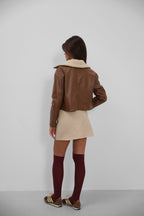 Plush Collar Crop Brown Jacket