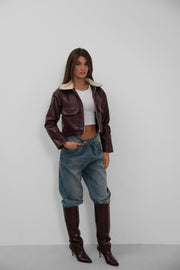 Plush Collar Crop Burgundy Jacket
