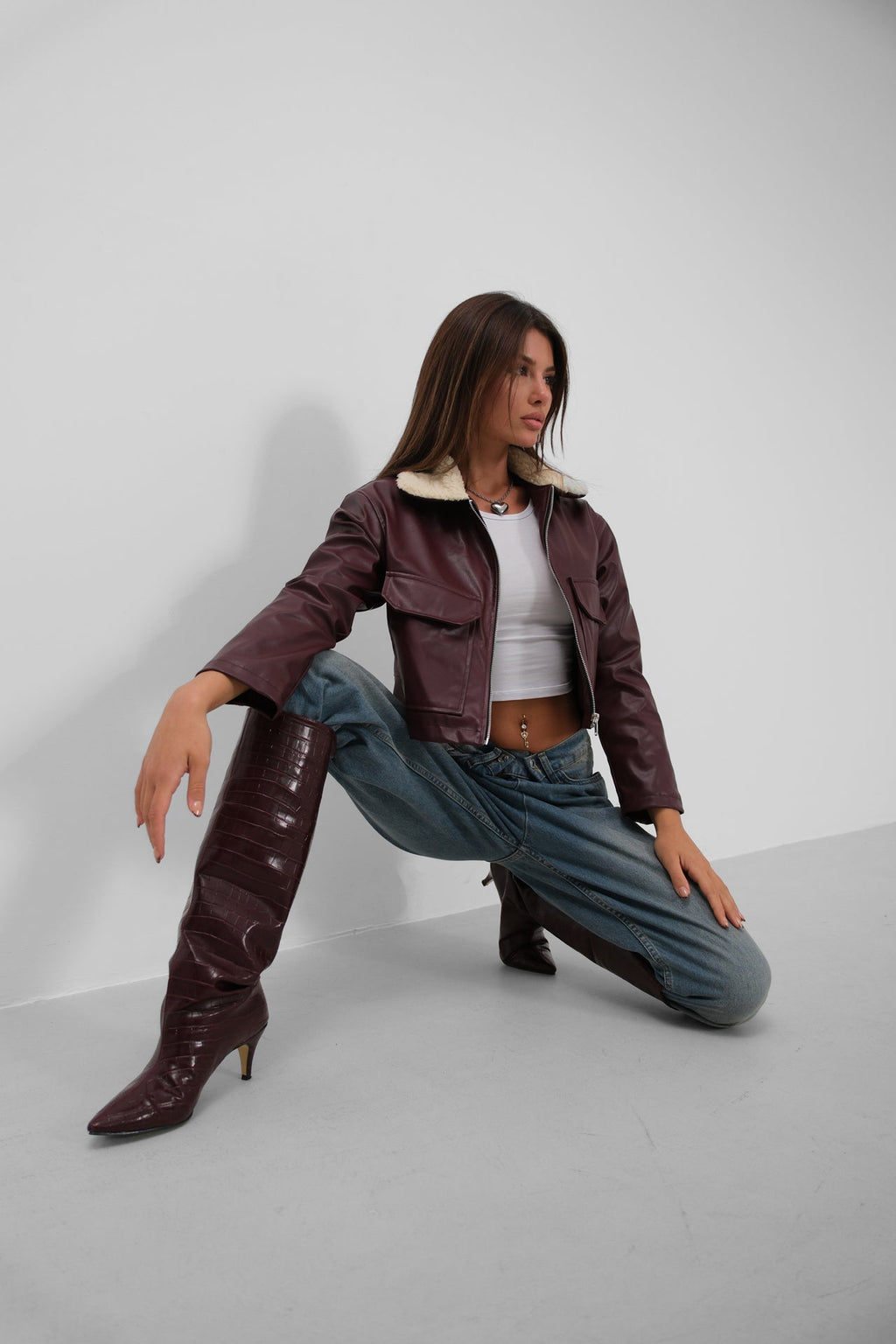 Collar Plush Crop Burgundy Jacket