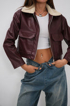 Collar Plush Crop Burgundy Jacket
