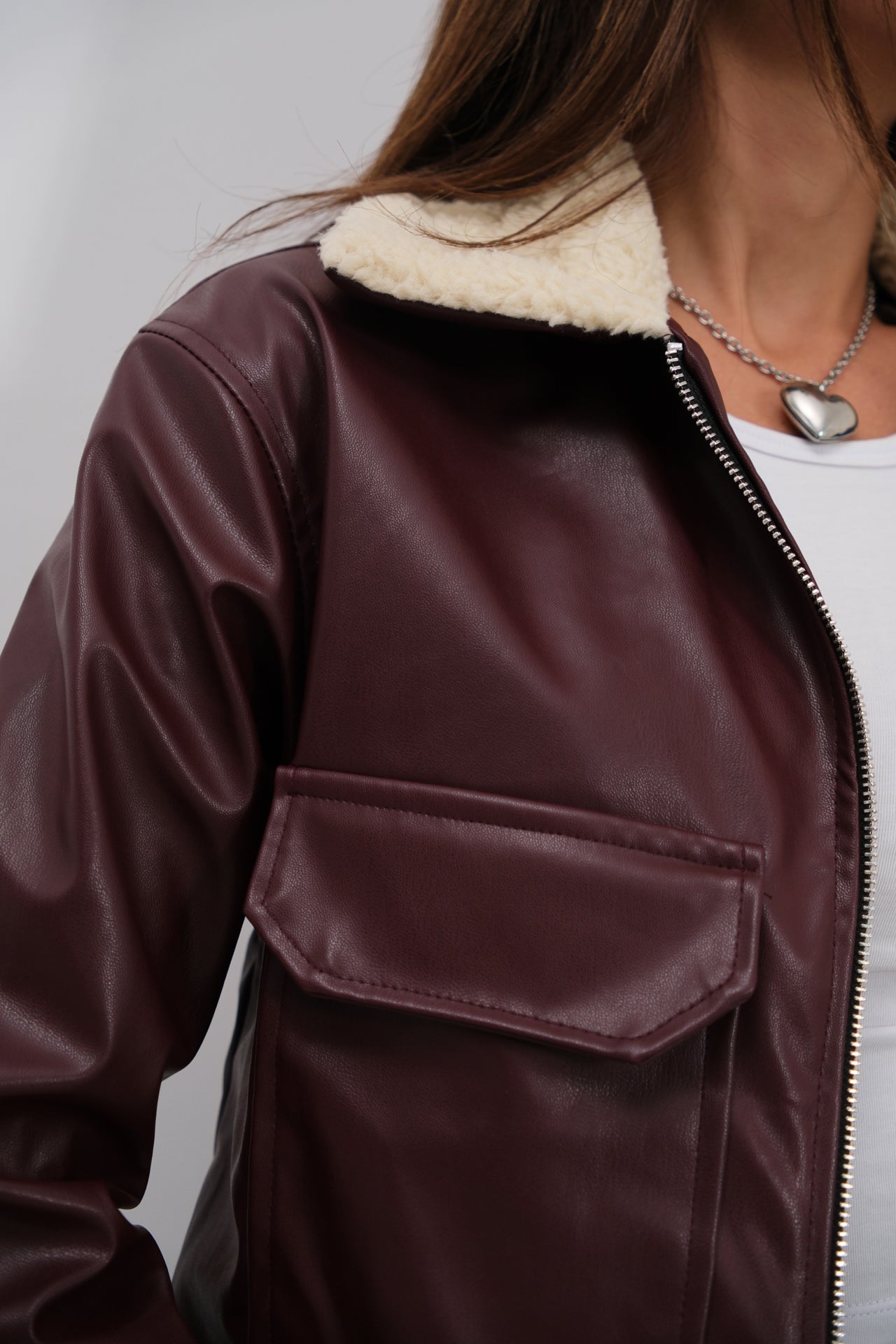 Collar Plush Crop Burgundy Jacket