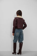 Collar Plush Crop Burgundy Jacket
