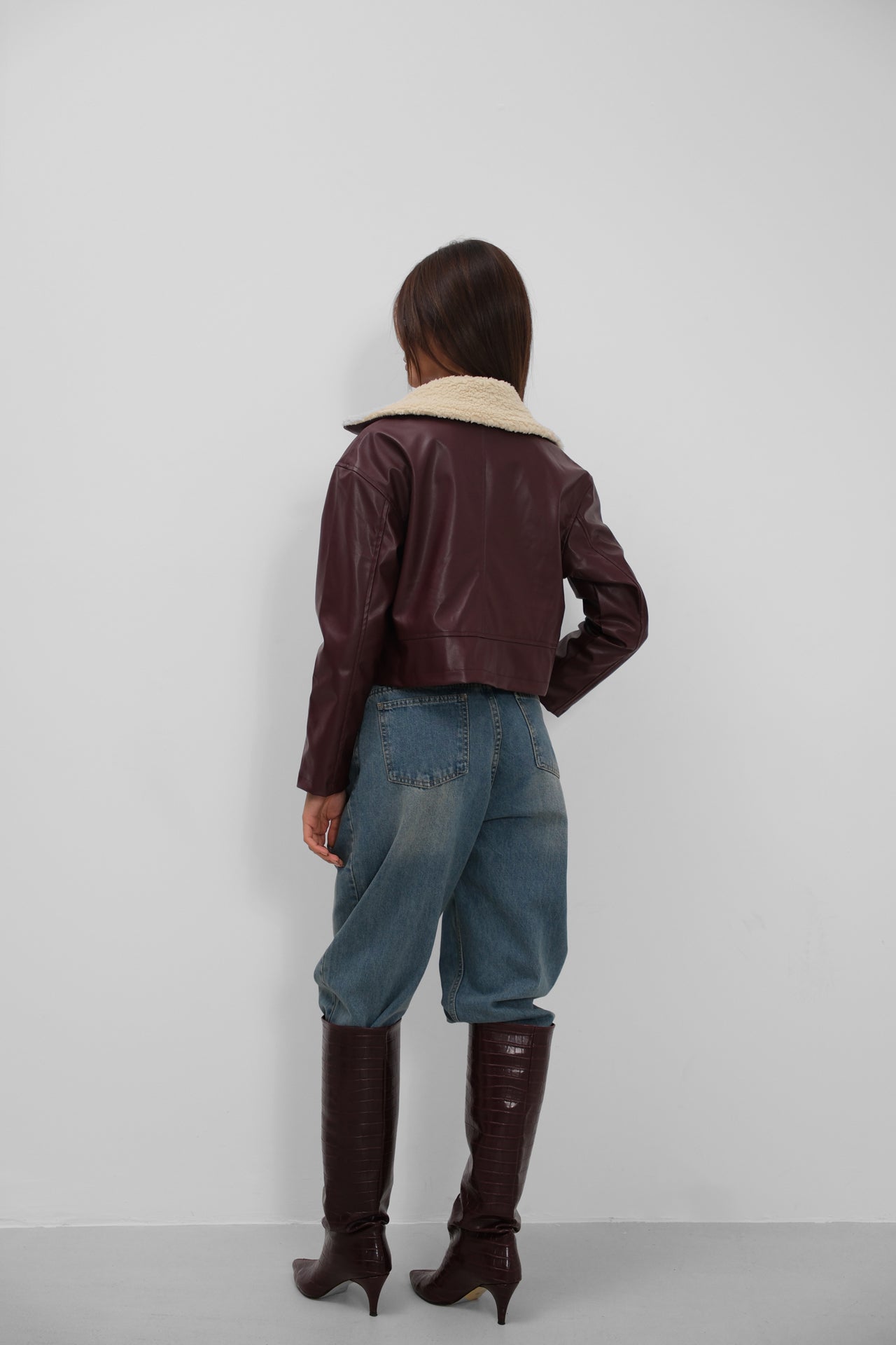 Collar Plush Crop Burgundy Jacket